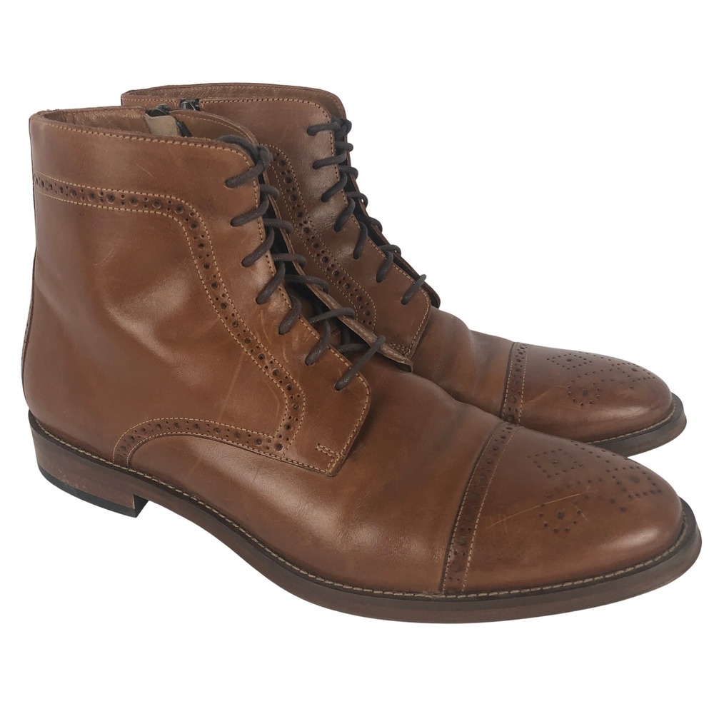 JOHNSTON & MURPHY Cap Toe Brogue Side Zip Boots Mens 12M F20 Brown Leather Ankle